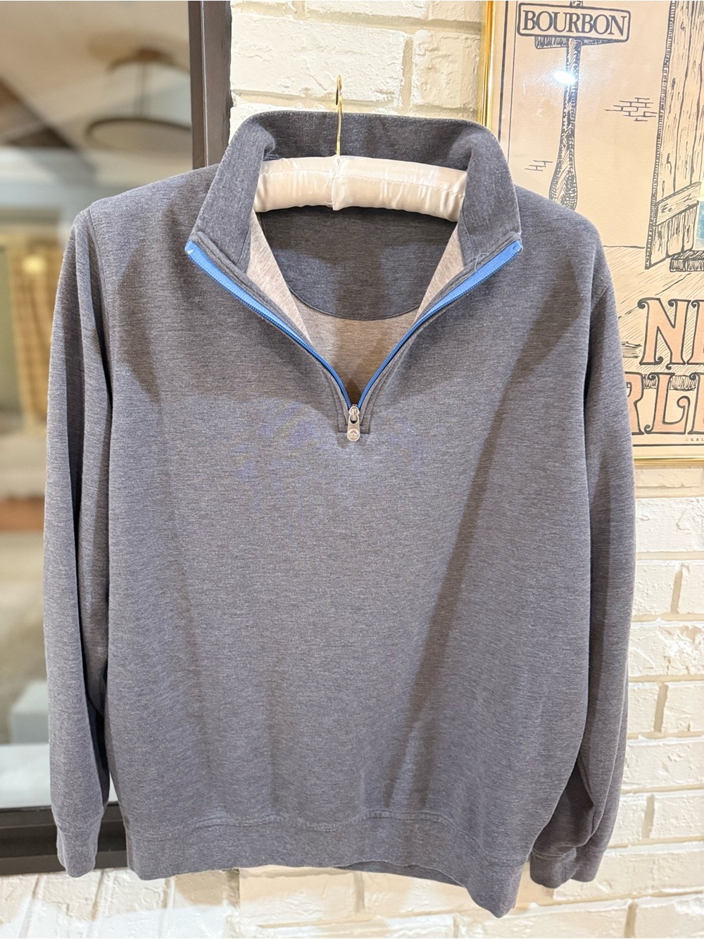 Peter Millar Gray Zip-Up Sweater with Light Blue Trim